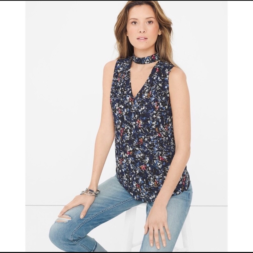WHBM floral blouse sleeveless high neck zipper